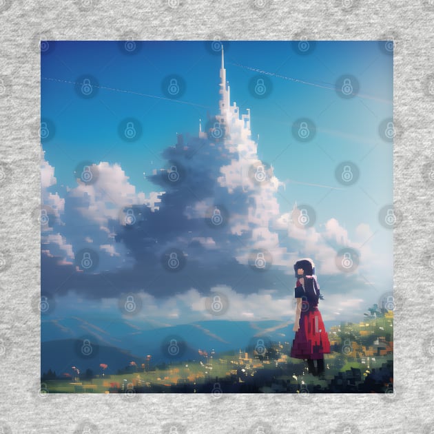 A girl in a red dress standing on a hill and looking at castle shaped clouds by Tazlo